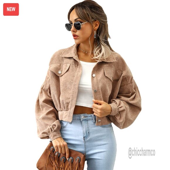 Jackets & Blazers - Cropped Corduroy Shacket Puff Sleeve Loose Fit Button Down Casual Jacket